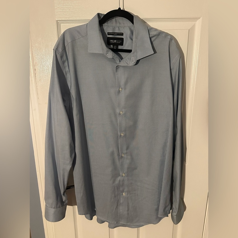 Kenneth Cole Awareness Slim Fit Striped Dress Shirt~18 36/37~Blue & White